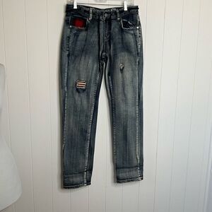 CCS Legacy Flex Mens 30x32 Distressed Denim Jeans Blue USA Flag Patch Stretch